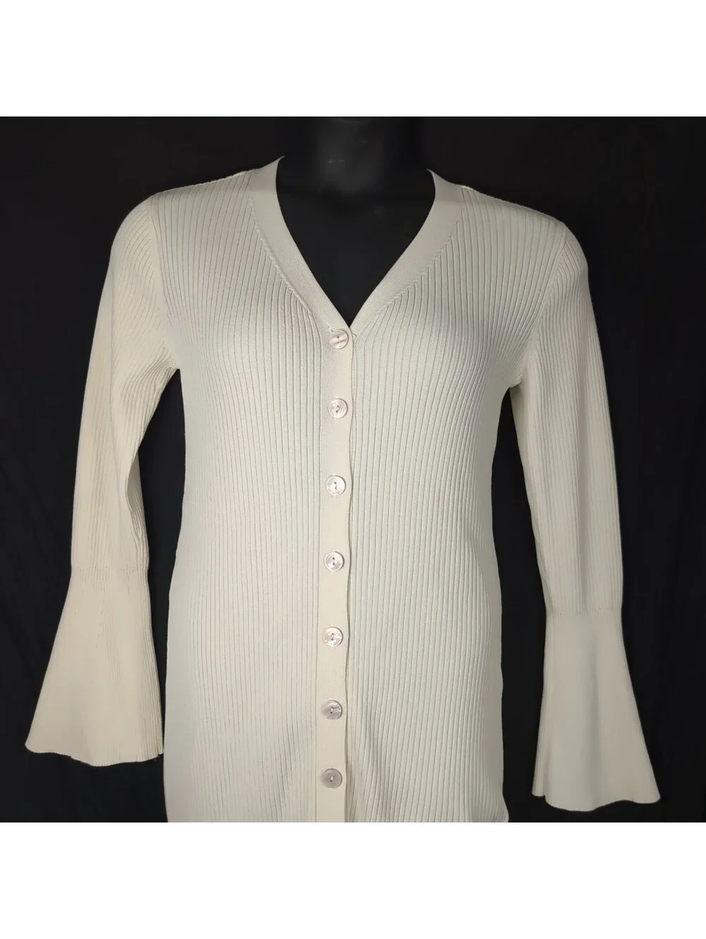 A New Day Ribbed Button Front Midi Sweater Dress Cream Ivory M Bell Sleeve